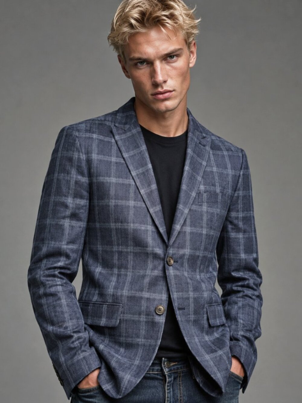 SELECTED M Men’s 100% Linen Blue Check Slim Fit Blazer